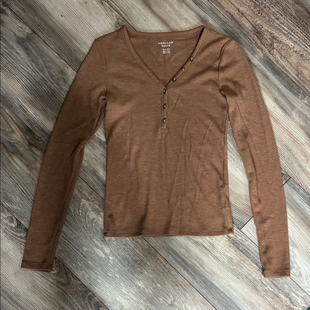 American Eagle Outfitters Brown Long Sleeve V-Neck Top